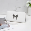 Elegant white long zip-around wallet with a striking silver liquid butterfly metal ornament - White