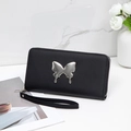 Long black leather wallet for women with silver butterfly metal decoration and wrist strap - Black