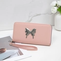 Pink long zip-around wallet with silver liquid metal butterfly and wrist strap - Pink