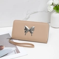 Beige butterfly long wallet for women with zipper closure and wristlet strap - Khaki