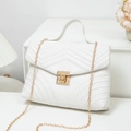 White quilted crossbody bag with V-shaped texture and golden chain strap for women - White