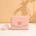 Pink PU leather short wallet for women with heart buckle and soft pompom charm - Pink
