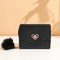 Stylish black short wallet for women with a gold heart detail and soft pom-pom charm - Black