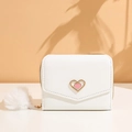 Chic white short wallet with gold heart logo and fluffy pompom keychain for women - White