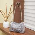 Silver grey sequined shoulder bag for women with metallic hardware and leather strap - Silver