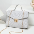Light gray chevron quilted mini bag with gold chain strap and metal turn-lock closure - Gray