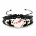 Dettaglio del bracciale baseball multistrato in pelle con corda intrecciata e chiusura regolabile - Cucitura da Baseball (JY008460-5)