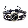 Detail des Viking Kompass Vegvisir Symbols auf einem geflochtenen Lederarmband - Weißer Vegvisir Kompass Stil (JY008466-6)