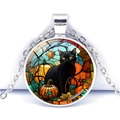 Detailed macro view of a silver Halloween pendant with black cat and pumpkin artwork - Black Cat Pumpkin Maple (JY008504-10)