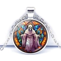 Detailed view of skull reaper pendant with blue flames in silver metal frame - Purple Reaper (JY008504-7)