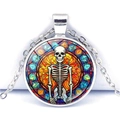 Gothic silver necklace with skull pendant in stained glass art style for Halloween - White Skeleton Stained Glass (JY008504-6)