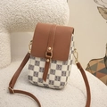 Brown and beige plaid crossbody phone bag with adjustable strap on white fleece seat - Brown and White