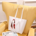 Minimalist white faux leather tote bag with elegant red-brown floral silk scarf decoration - White
