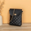 Borsa porta cellulare trapuntata nera con catena dorata e chiusura a girello tonda - Nero