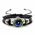 Detail of multi-layer braided leather bracelet featuring realistic blue evil eye glass bead - Realistic Eyeball Style (JY008519-11)