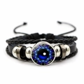 Detail of multi-layer braided leather bracelet with blue Evil Eye glass charm and beads - Blue Green Mandala Style (JY008519-10)