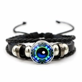 Macro shot of multilayer leather bracelet with a blue Evil Eye glass charm and metal beads - Blue Green Geometric Eye Style (JY008519-8)