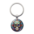 Detail of keychain featuring colorful skull design in stained glass style with glass dome - Colorful Skull-Silver(JY008505-9银)