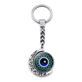 Detail showing the rotating double-sided moon pendant with blue evil eye pattern keychain - Blue and Green Mandala Texture (JY008520-6)