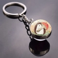 Macro detail of hedgehog and mushroom illustration under double-sided glass ball keychain - Holding Mushroom Style (JY008498-9)