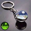 Close-up of luminous Christmas keychain featuring snowman and reindeer on glass pendant - Snowman Christmas Tree Illustration (JY008516-8)