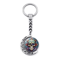 Detail of silver crescent moon keychain featuring a colorful sugar skull design insert - Sugar Skull Pattern (JY008511-9)