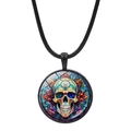 Macro view of bohemian round glass pendant with colorful mosaic skull and black cord - Colorful Mosaic Skull (JY008513-9)