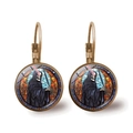 Close-up of Halloween leverback earrings featuring stained glass style Grim Reaper skull - Stained Glass Illustration Grim Reaper Style (JY008506-12)