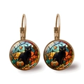 Detailed view of Halloween lever-back earrings with black cat and pumpkin glass dome - Stained Glass Illustration Black Cat Pumpkin Style (JY008506-10)