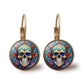 Artistic Halloween skull and colorful flower stained glass drop earrings with bronze hooks - Stained Glass Illustration Artistic Skull Style (JY008506-9)