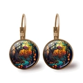 Retro gold Halloween earrings featuring a whimsical pumpkin forest illustration - Stained Glass Illustration Halloween Forest Style (JY008506-8)