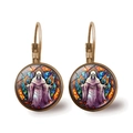 Macro shot of gothic bronze earrings featuring skull stained glass art and leverback hooks - Stained Glass Illustration Hooded Skull Style (JY008506-7)