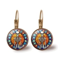 Macro detail of skeleton mandala glass cabochon earrings with bronze lever-back - Stained Glass Illustration Human Skeleton Style (JY008506-6)