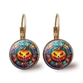 Detail view of vintage bronze leverback earrings with stained glass pumpkin pattern - Stained Glass Illustration Pumpkin Leaves Style (JY008506-5)