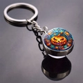 Detail of Halloween pumpkin glass keychain with mosaic pattern on black mirror base - Maple Leaf Pumpkin Smile Style (JY008512-5)