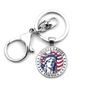 Silver metal keychain with Statue of Liberty and US flag design on a round pendant - Liberty Ladies Omaha Style (JY008537-5)