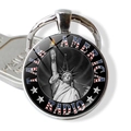 Detailed close-up of a New York souvenir keychain featuring the Statue of Liberty and USA flag - Talk America Radio (JY008531-8)