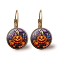 Ohrhänger mit Halloween-Kürbisschloss aus Bronze und buntem Bleiglas-Kunstmotiv - Buntglas Illustration Kürbislaterne Stil (JY008506-2)