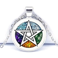 Detailed close-up of a silver pentagram necklace with a colorful star and nature element print - Starry Sky Elements Pentagram (JY008541-9)
