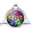 Macro shot of silver pentagram necklace with iridescent geometric mandala glass pendant - Iridescent Mandala Geometric (JY008541-8)