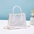 Minimalist transparent PVC handbag with white faux leather trim and gold chain strap - White