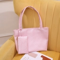 Pink woven pattern tote bag set with matching pouch and crocodile embossed texture - Pink