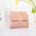 Pink crocodile pattern leather chain shoulder bag with gold metal buckle closure - Pink