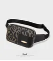 Detail of leopard print running fanny pack with black leather and gold metal trim - Leopard Print Black