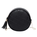 Black round PU leather crossbody bag with quilted lattice pattern and fringe tassel - Black
