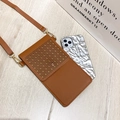 Brown PU leather crossbody phone bag with hollow laser-cut patterns and gold hardware - Brown