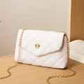 White quilted chain shoulder bag with gold floral buckle and metal strap - White