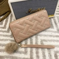 Nude pink long zip wallet for women with heart embroidery and plush ball charm - Khaki