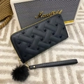 Black long zip wallet with heart embroidery, rhombus texture and plush pompom charm - Black