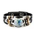 Macro detail of men's leather hummingbird bracelet with colorful glass dome and metal beads - Blue-Green Hummingbird with Background Pattern (JY008557-8)